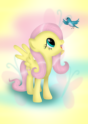 Size: 1190x1683 | Tagged: safe, artist:mlp-sugarsnap, fluttershy, bird, g4, female, looking up, open mouth, solo, spread wings, standing