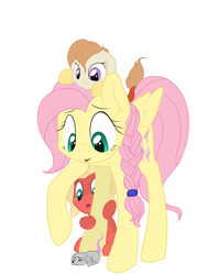 Size: 3525x4911 | Tagged: safe, artist:kaleysia, fluttershy, oc, oc:cellini, oc:congerie, hybrid, mouse, pegasus, pony, g4, braid, folded wings, interspecies offspring, looking at something, looking down, offspring, older, parent:big macintosh, parent:discord, parent:fluttershy, parent:princess celestia, parents:dislestia, parents:fluttermac, raised hoof, simple background, sitting, sitting on head, story included, trio, white background
