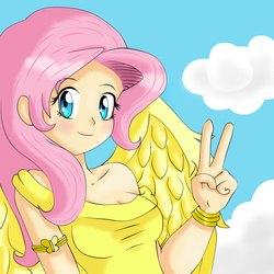 Size: 1500x1500 | Tagged: safe, artist:eduarknes, fluttershy, human, g4, clothes, female, humanized, peace sign, solo, tank top, winged humanization