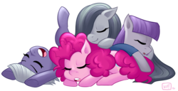 Size: 900x460 | Tagged: safe, artist:emberfan11, limestone pie, marble pie, maud pie, pinkie pie, earth pony, pony, g4, clothes, cuddle puddle, cuddling, cute, diapinkes, eyes closed, female, hair over one eye, leaning, limabetes, marblebetes, mare, maudabetes, open mouth, pie pile, pie sisters, pony pile, prone, simple background, sleeping, smiling, snoring, transparent background