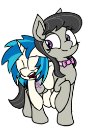 Size: 1342x1960 | Tagged: safe, artist:coatieyay, dj pon-3, octavia melody, vinyl scratch, earth pony, pony, unicorn, g4, bowtie, carrying, cute, dj pon-3 riding octavia, eyes closed, female, lesbian, mare, open mouth, ponies riding ponies, riding, ship:scratchtavia, shipping, simple background, sleeping, smiling, white background