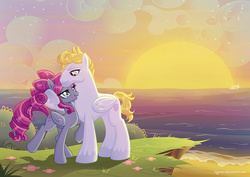 Size: 1000x707 | Tagged: safe, artist:tigroar, oc, oc only, pegasus, pony, female, male, ocean, shipping, straight, sunset