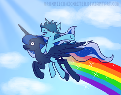 Size: 1126x882 | Tagged: safe, artist:greenlinzerd, princess luna, oc, oc:bcw, alicorn, pony, unicorn, g4, bcw riding luna, canon x oc, cloud, flying, look of disapproval, missing accessory, ponies riding ponies, rainbow, riding