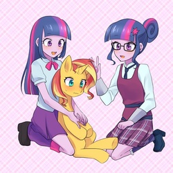 Size: 800x800 | Tagged: safe, artist:kona1025, sci-twi, sunset shimmer, twilight sparkle, pony, unicorn, equestria girls, g4, my little pony equestria girls: friendship games, blushing, counterparts, cute, human paradox, magical trio, ship:sunset twiangle, sweatdrop, twilight sparkle (alicorn), twilight's counterparts, twolight, wavy mouth