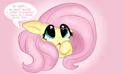 Size: 800x480 | Tagged: safe, artist:wandeh, fluttershy, g4, bust, cute, dialogue, female, floppy ears, looking at you, looking up, open mouth, portrait, shyabetes, simple background, solo, speech bubble