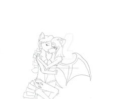 Size: 1024x802 | Tagged: safe, artist:onewingeddash, rarity, anthro, g4, crossover, crossover shipping, kiss on the lips, kissing, monochrome, rouge the bat, shipping, sonic the hedgehog, sonic the hedgehog (series), traditional art, watermark