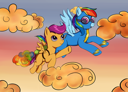 Size: 3000x2160 | Tagged: safe, artist:sentabry, rainbow dash, scootaloo, pegasus, pony, g4, cloud, duo, flying, high res, jetpack, scootaloo can fly, wonderbolts uniform