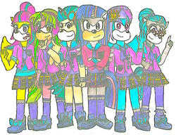 Size: 755x581 | Tagged: safe, artist:mariosonicmoon, indigo zap, lemon zest, sour sweet, sugarcoat, sunny flare, twilight sparkle, anthro, plantigrade anthro, equestria girls, g4, my little pony equestria girls: friendship games, crystal prep shadowbolts, request, shadow six, sonic the hedgehog, sonic the hedgehog (series), sonicified, traditional art