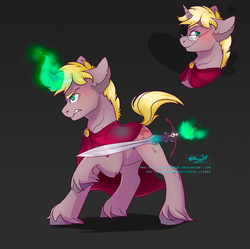 Size: 1024x1018 | Tagged: safe, artist:wilvarin-liadon, oc, oc only, oc:greenflame, glasses, magic, solo, sword, weapon