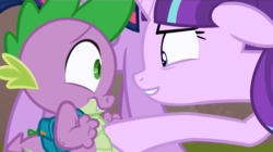 Size: 1544x867 | Tagged: safe, edit, edited screencap, screencap, spike, starlight glimmer, twilight sparkle, alicorn, pony, g4, the cutie re-mark, backpack, bedroom eyes, female, love, male, mare, nervous, personal space invasion, ship:sparlight, shipping, smiling, straight, twilight sparkle (alicorn), when she smiles