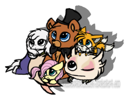 Size: 1024x782 | Tagged: safe, artist:fenneceethecabinkit, fluttershy, axolotl, bear, fox, goat, pegasus, pony, anthro, g4, anthro with ponies, crossover, five nights at freddy's, fran bow, freddy fazbear, male, miles "tails" prower, palontras, sonic the hedgehog (series), tails doll, toriel, undertale