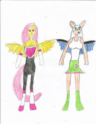 Size: 1700x2200 | Tagged: safe, artist:justinandrew1984-01, fluttershy, bat pony, anthro, g4, clothes, clothes swap, crossover, equestria girls outfit, flutterbat, rouge the bat, sonic the hedgehog (series), traditional art