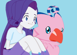 Size: 607x436 | Tagged: safe, artist:sakyas-bases, artist:ultra-shounen-kai-z, rarity, biyomon, equestria girls, g4, blue background, crossover, digimon, duo, female, piyomon, simple background, trace