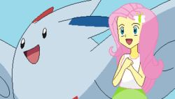 Size: 339x192 | Tagged: safe, artist:sakyas-bases, artist:ultra-shounen-kai-z, fluttershy, togekiss, equestria girls, g4, :d, crossover, open mouth, pokémon, smiling, trace