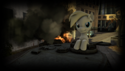 Size: 3840x2160 | Tagged: safe, artist:jeff556, oc, oc only, oc:aryanne, earth pony, pony, 3d, city 17, female, fire, half-life 2, high res, looking at you, smiling, smoke, solo, source filmmaker, t-34, tank (vehicle), tiger (tank), tiger i