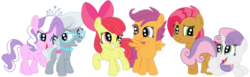 Size: 578x178 | Tagged: safe, artist:squipycheetah, apple bloom, babs seed, diamond tiara, scootaloo, silver spoon, sweetie belle, babsbelle, crouching, cutie mark crusaders, female, filly, lesbian, looking back, looking up, missing cutie mark, open mouth, raised hoof, scootabloom, shipping, silvertiara, simple background, smiling, spread wings, tiara, transparent background, vector