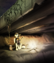 Size: 3300x3836 | Tagged: safe, artist:ralek, oc, oc only, oc:silver lining, pegasus, pony, fallout equestria, campfire, energy weapon, fire, high res, highway, laser rifle, puddle, solo, underpass, vine, wasteland, weapon