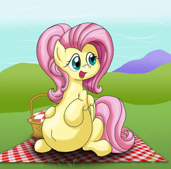 Size: 2157x2122 | Tagged: safe, artist:seenty, fluttershy, g4, alternate hairstyle, belly, big belly, blanket, female, grass, happy, high res, open mouth, picnic, picnic basket, pregnant, sitting, solo