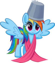 Size: 775x875 | Tagged: safe, artist:ctb-36, rainbow dash, pony, g4, suited for success, bucket, bucketdash, fabric, female, scene interpretation, simple background, solo, spread wings, transparent background