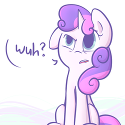 Size: 1000x1000 | Tagged: safe, artist:spikedmauler, sweetie belle, pony, unicorn, g4, confused, dialogue, female, go ask sweetie belle, one ear down, reaction image, sitting, solo