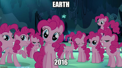 Size: 888x499 | Tagged: safe, edit, edited screencap, screencap, pinkie pie, g4, too many pinkie pies, c:, clone, grin, head tilt, image macro, looking at you, meme, pinkie clone, raised hoof, smiling, squee, that cute clone, xk-class end-of-the-world scenario, zombie apocalypse