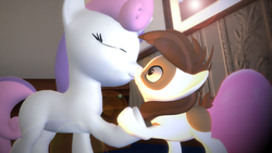 Size: 1920x1080 | Tagged: safe, artist:viranimation, pipsqueak, sweetie belle, earth pony, pony, unicorn, g4, 3d, colt, cute, duo, female, filly, foal, gmod, heart, holding hooves, kiss on the lips, kissing, male, ship:sweetiesqueak, shipping, size difference, straight