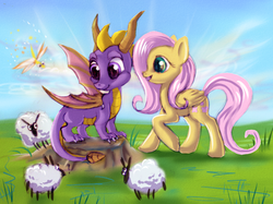 Size: 900x672 | Tagged: safe, artist:fur-kotka, fluttershy, dragonfly, sheep, g4, crossover, duo, sparx the dragonfly, spyro the dragon, spyro the dragon (series), this will end in fire, this will end in tears, this will end in tears and/or death, tree stump