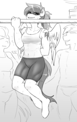 Size: 1215x1920 | Tagged: safe, artist:glacierclear, rainbow dash, anthro, unguligrade anthro, g4, abs, alternative cutie mark placement, belly button, clothes, commission, exercise, midriff, monochrome, muscles, sports bra, workout