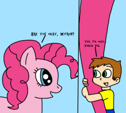 Size: 2900x2600 | Tagged: safe, artist:ultra-shounen-kai-z, pinkie pie, oc, oc:myron weaver, human, g4, comic, high res, micro