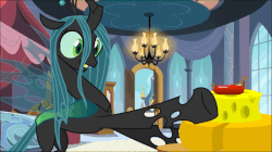 Size: 1067x599 | Tagged: safe, artist:venates, edit, queen chrysalis, g4, animated, cheese, cute, cutealis, eating, female, flailing, food, solo