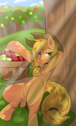 Size: 1024x1691 | Tagged: safe, artist:twintailwind, applejack, g4, apple, apple tree, armpits, bucket, cowboy hat, female, food, hat, solo, stetson, straw, tree