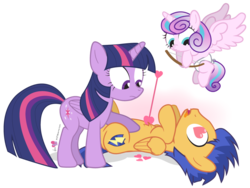 Size: 963x725 | Tagged: safe, artist:dm29, flash sentry, princess flurry heart, twilight sparkle, g4, season 6, arrow, baby, bow (weapon), bow and arrow, cupid, cute, dead, diaper, flurrybetes, flying, frown, heart, heart arrow, heart eyes, open mouth, simple background, spread wings, tongue out, transparent background, trio, valentine's day, wingding eyes