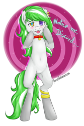 Size: 2000x3000 | Tagged: safe, artist:farcuf, oc, oc only, oc:lea, earth pony, pony, bell, belly button, bipedal, blushing, bracelet, collar, earring, eyelashes, fangs, heterochromia, high res, hypnosis, implied discord, kaa eyes, medallion, notice me senpai, piercing, simple background, standing, teeth, tongue out, tongue piercing, two toned hair, yandere, yandere trance