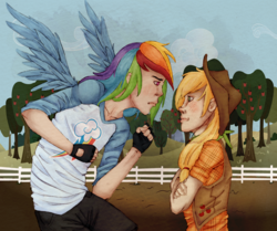 Size: 1000x834 | Tagged: safe, artist:azupanic, applejack, rainbow dash, human, g4, humanized, manface, winged humanization