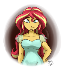 Size: 1280x1431 | Tagged: safe, artist:ponut_joe, sunset shimmer, equestria girls, g4, clothes, cute, female, hand on hip, looking at you, questionable source, shimmerbetes, smiling, solo