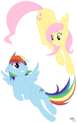 Size: 678x1078 | Tagged: safe, artist:poefish, fluttershy, rainbow dash, g4, flying