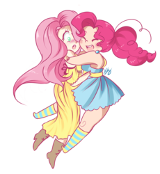 Size: 1903x2071 | Tagged: safe, artist:pyonkotcchi, fluttershy, pinkie pie, human, g4, blushing, chubby, clothes, dress, female, hape, hug, humanized, jumping, lesbian, ship:flutterpie, shipping, simple background, transparent background