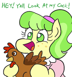 Size: 579x619 | Tagged: safe, artist:jargon scott, chickadee, ms. peachbottom, chicken, g4, color, double entendre, female, giant cock, pun, rooster, solo, the joke is cockerels, visual pun