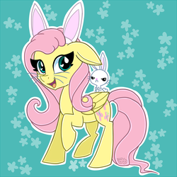 Size: 4000x4000 | Tagged: safe, artist:partypievt, angel bunny, fluttershy, g4, bunny ears, chibi, commission, cute, female, frown, pet, raised hoof, shyabetes, simple background, solo, wingding eyes