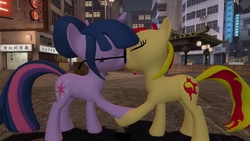 Size: 1360x768 | Tagged: safe, artist:mk513, sci-twi, sunset shimmer, twilight sparkle, pony, unicorn, equestria girls, g4, 3d, equestria girls ponified, female, gmod, kissing, lesbian, ponified, ship:sci-twishimmer, ship:sunsetsparkle, shipping, unicorn sci-twi