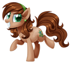 Size: 1600x1442 | Tagged: safe, artist:centchi, oc, oc only, oc:jade verdi, earth pony, pony, ear piercing, female, hairband, looking at you, mare, obtrusive watermark, piercing, raised hoof, raised leg, simple background, smiling, solo, transparent background, watermark
