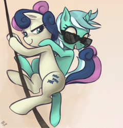 Size: 578x601 | Tagged: safe, artist:ehfa, bon bon, lyra heartstrings, sweetie drops, earth pony, pony, unicorn, g4, female, gradient background, grin, lesbian, looking back, mare, rope, secret agent sweetie drops, ship:lyrabon, shipping, smiling, sunglasses