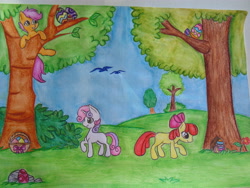 Size: 4608x3456 | Tagged: safe, artist:twixyamber, apple bloom, scootaloo, sweetie belle, g4, cutie mark crusaders, easter, easter egg, traditional art