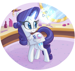 Size: 950x900 | Tagged: safe, artist:ponygoggles, rarity, g4, comb, female, glowing horn, horn, magic, mirror, scissors, solo, telekinesis