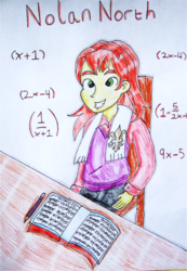 Size: 979x1418 | Tagged: safe, artist:blazingdazzlingdusk, derpibooru exclusive, nolan north, equestria girls, g4, background human, drawing, equation, male, reading, solo, traditional art