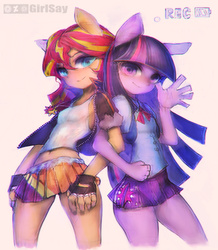 Size: 1740x2000 | Tagged: safe, artist:girlsay, sunset shimmer, twilight sparkle, human, equestria girls, g4, belly button, camcorder, chromatic aberration, clothes, colored, duo, eared humanization, fingerless gloves, gloves, humanized, jacket, linked arms, midriff, miniskirt, pleated skirt, pony ears, recording, skirt, thighs, waving