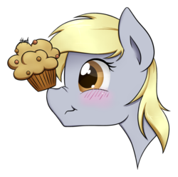Size: 900x891 | Tagged: safe, artist:midnightpremiere, derpy hooves, pegasus, pony, g4, blushing, cute, derpabetes, female, food, mare, muffin, nose wrinkle, solo, that pony sure does love muffins