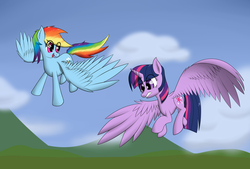 Size: 1024x692 | Tagged: safe, artist:zogzor, rainbow dash, twilight sparkle, alicorn, pegasus, pony, g4, female, flying, flying lesson, lesbian, mare, ship:twidash, shipping, twilight sparkle (alicorn)