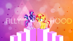 Size: 2560x1440 | Tagged: safe, artist:antylavx, artist:xebck, edit, starlight glimmer, sunset shimmer, pony, unicorn, g4, filly, filly starlight glimmer, filly sunset shimmer, twilight's counterparts, wallpaper, wallpaper edit, younger