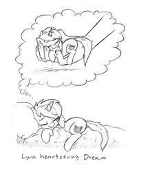 Size: 985x1200 | Tagged: safe, artist:mickeymonster, lyra heartstrings, pony, unicorn, g4, cute, dream, eyes closed, female, hand, human fetish, lyra's humans, lyrabetes, mare, monochrome, sleeping, smiling, that pony sure does love hands, tiny ponies